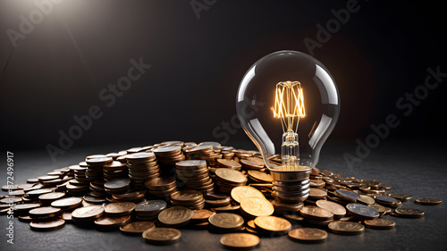 A light bulb sitting on top of a pile of coins. Can be used to represent financial success or the concept of saving money