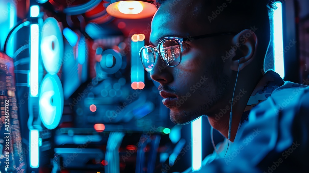 Close-up of a focused young man wearing glasses and headphones, immersed in a neon-lit tech environment, working on a computer. Close-up of a focused young man wearing glasses and headphones, immersed in a neon-lit tech environment, working on a computer.