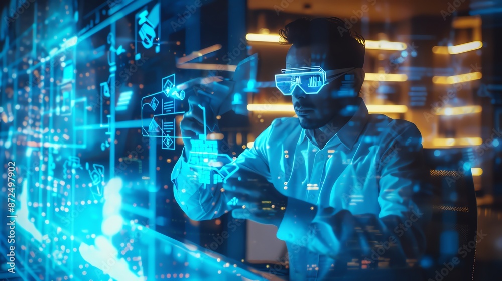 Man in futuristic glasses interacting with virtual screen, exploring digital data and technology advancements in modern workspace. Man in futuristic glasses interacting with virtual screen, exploring digital data and technology advancements in modern workspace.