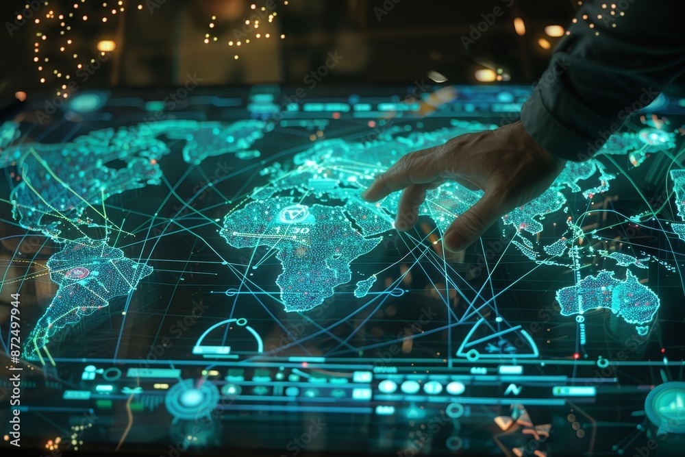 A futuristic holographic interface displaying a global network map ...