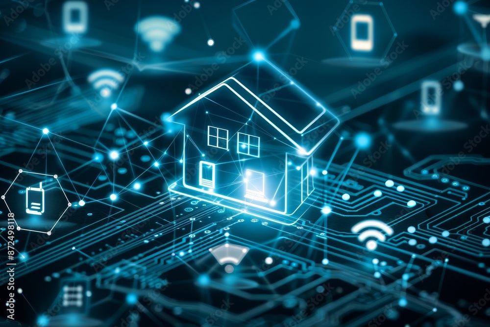 An abstract image of network connectivity in a smart home, highlighting the integration of IoT devices and seamless communication An abstract image of network connectivity in a smart home, highlighting the integration of IoT devices and seamless communication
