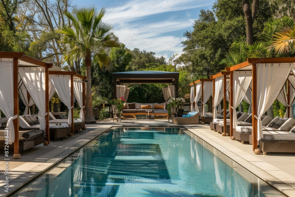 Luxury Resort Pool with Cabanas and Palm Trees