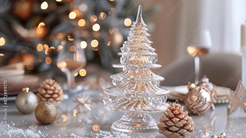 A captivating glass tree adorned with Christmas decorations stands on a table, styled in light gray and light brown tones. The faux naïf design with vibrant textures exudes a warm and festive ambiance A captivating glass tree adorned with Christmas decorations stands on a table, styled in light gray and light brown tones. The faux naïf design with vibrant textures exudes a warm and festive ambiance
