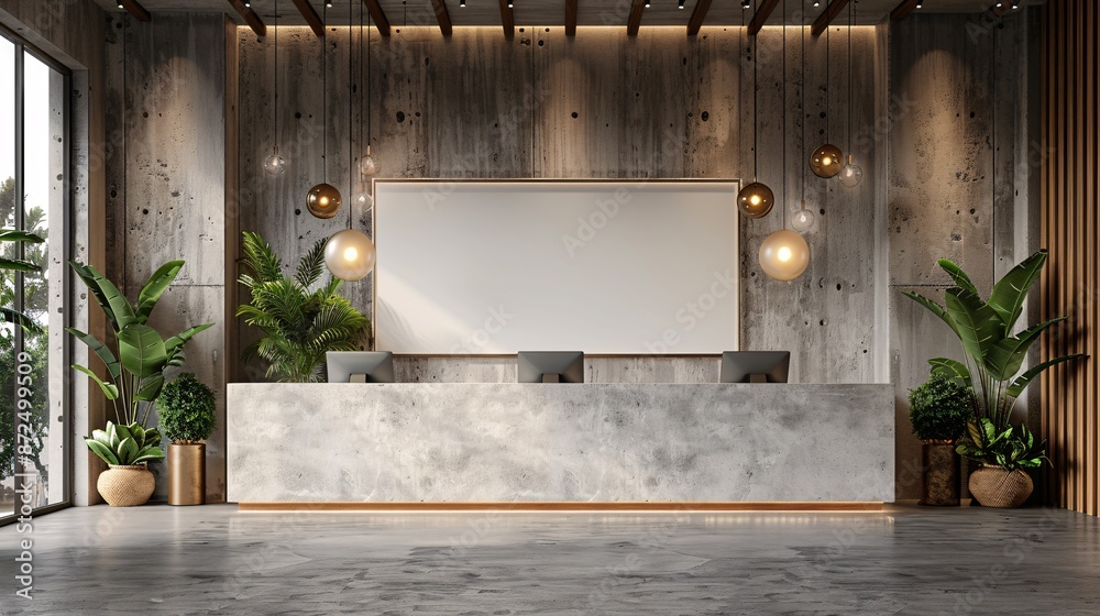 Blank white signboard at a hotel reception desk, positioned against a stylish backdrop Blank white signboard at a hotel reception desk, positioned against a stylish backdrop