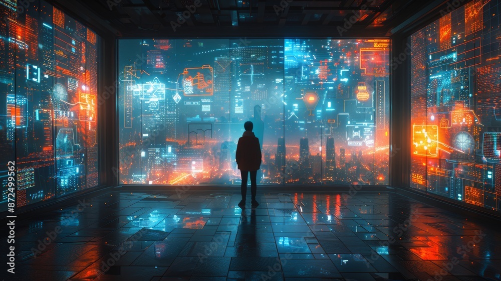 Fototapeta premium Futuristic Cityscape with Digital Overlay - Generative AI