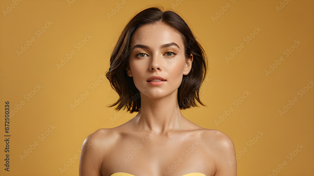 Obraz premium Slim Caucasian woman on plain yellow background.