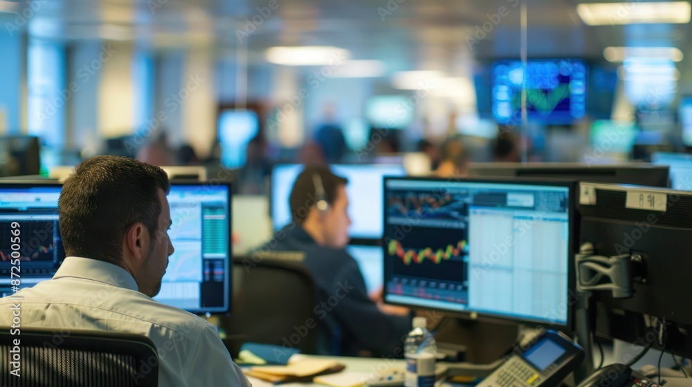 Office space with a group of stockbrokers working. 