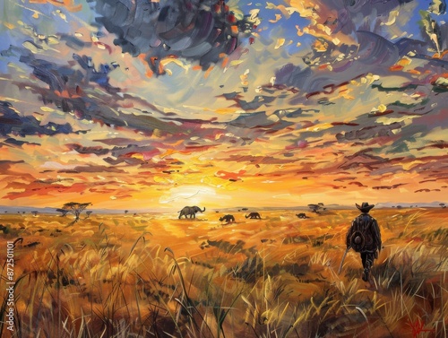 An oil painting style of an expansive savannah during sunset