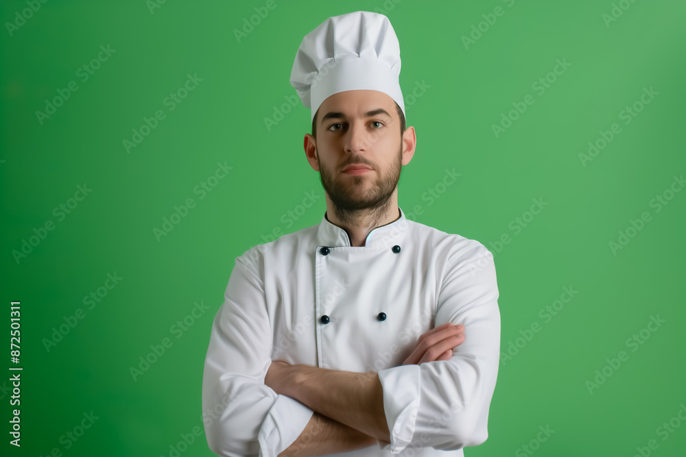male chef in a chef's hat with arms crossed isolated on green background
male chef in a chef's hat with arms crossed isolated on green background