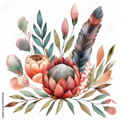 Watercolor Painting of Pink Proteas and a Feather