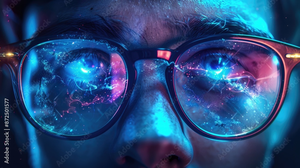 Close up of a man with glasses reflecting a digital universe, representing technological immersion and futuristic vision. Close up of a man with glasses reflecting a digital universe, representing technological immersion and futuristic vision.