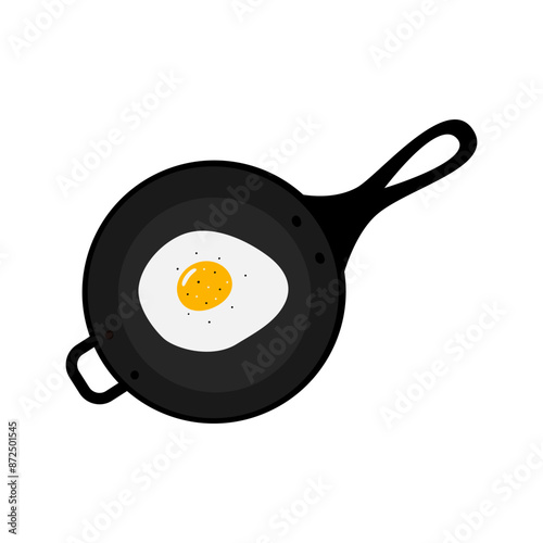 Cooked egg wit sold and pepper in fried pan in cartoon minimalistic style. Culinary card design idea