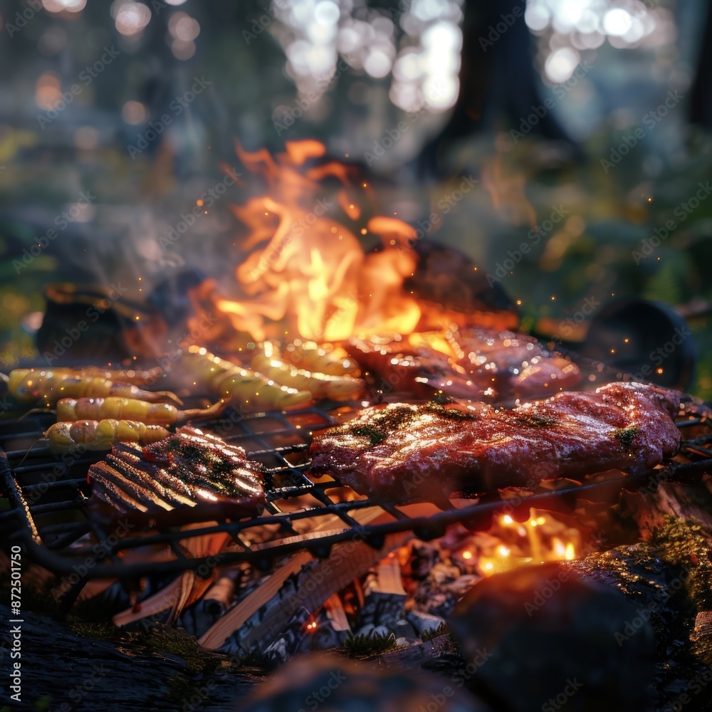 High-resolution close-up of cooking over a secure campfire, savory ingredients sizzling on a grill, fire safety practices evident, CG 3D realism, mouth-watering and educational High-resolution close-up of cooking over a secure campfire, savory ingredients sizzling on a grill, fire safety practices evident, CG 3D realism, mouth-watering and educational