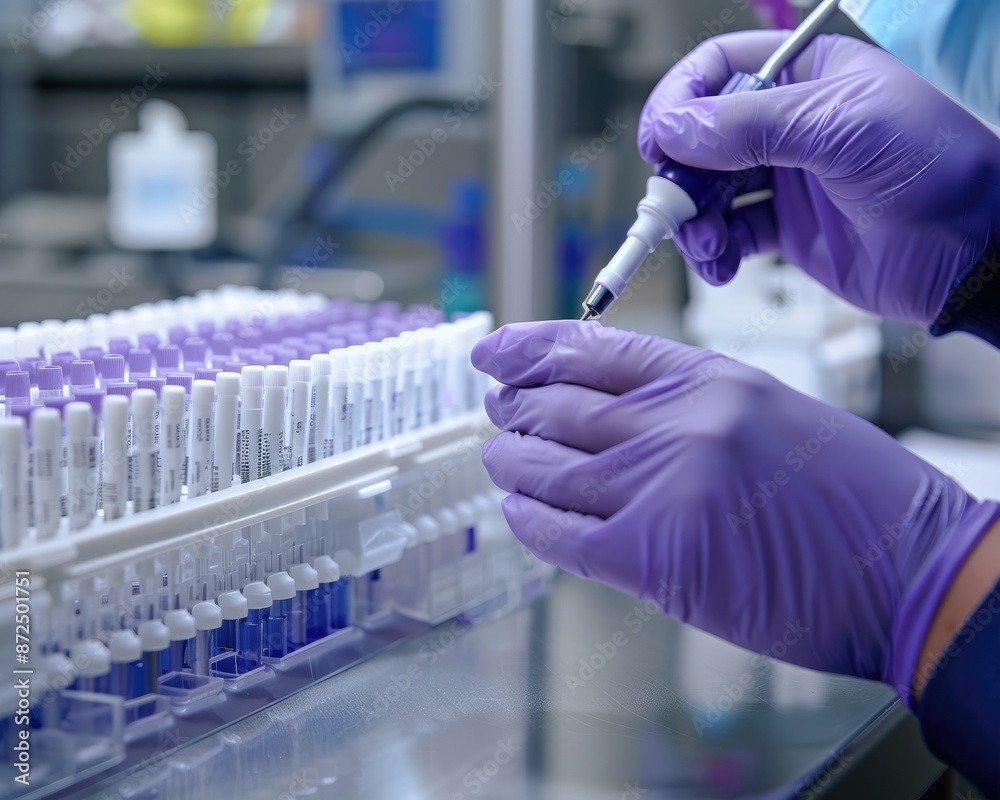 Close up of a scientist's hands in purple gloves working with test tubes and a pipette in a laboratory setting. Close up of a scientist's hands in purple gloves working with test tubes and a pipette in a laboratory setting.