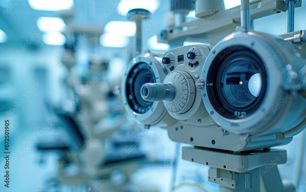 Close-up of ophthalmology tool in a clinic, used for eye examination, aligning modern medical equipment. Close-up of ophthalmology tool in a clinic, used for eye examination, aligning modern medical equipment.