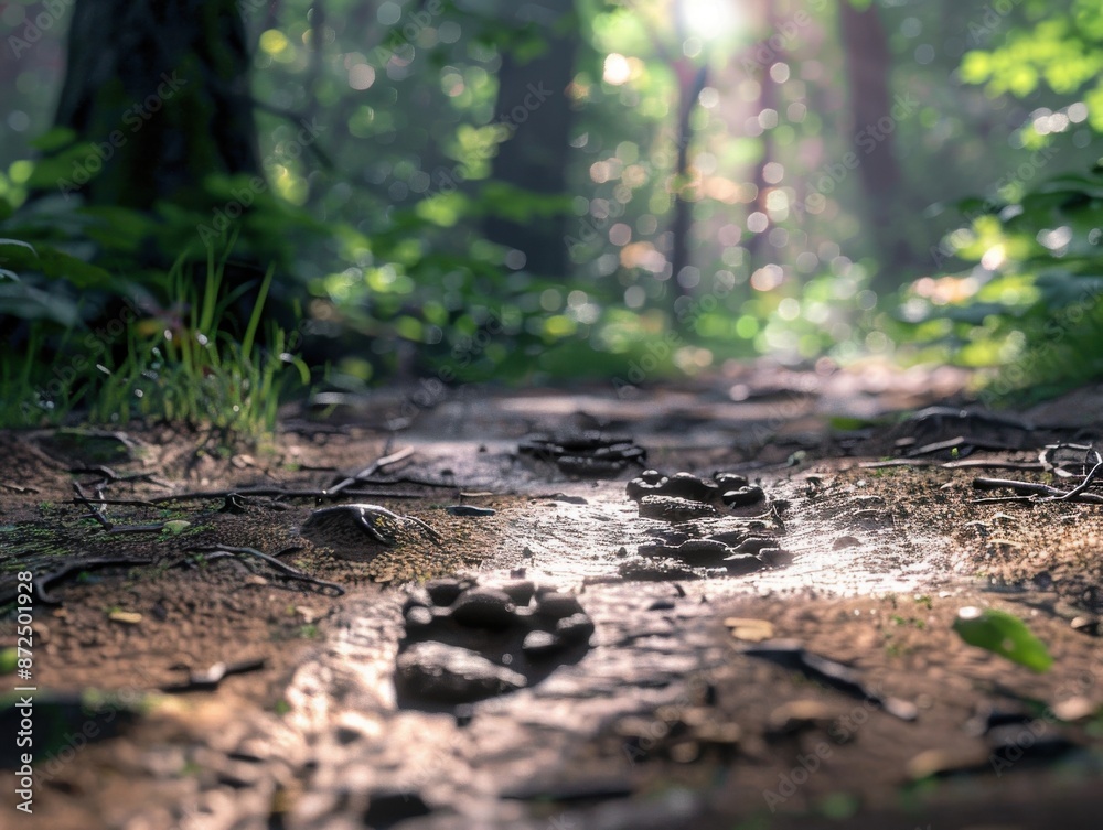 Low-angle view of a forest floor, detailed animal tracks in soft mud, photorealistic style, dappled sunlight filtering through trees, focus on intricate textures and details Low-angle view of a forest floor, detailed animal tracks in soft mud, photorealistic style, dappled sunlight filtering through trees, focus on intricate textures and details