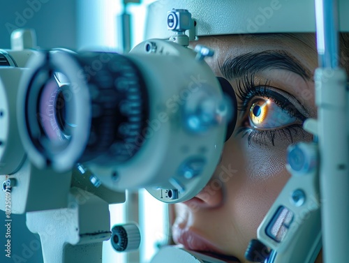 Close up view of a patient undergoing an eye examination with a futuristic medical device in an optometry clinic.