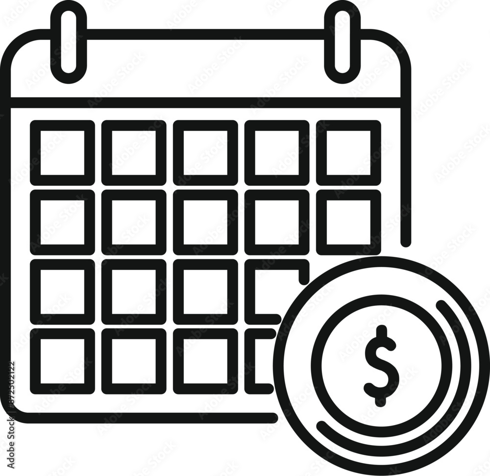 Line icon of a calendar showing salary day with dollar coin, concept of payday or payroll Line icon of a calendar showing salary day with dollar coin, concept of payday or payroll