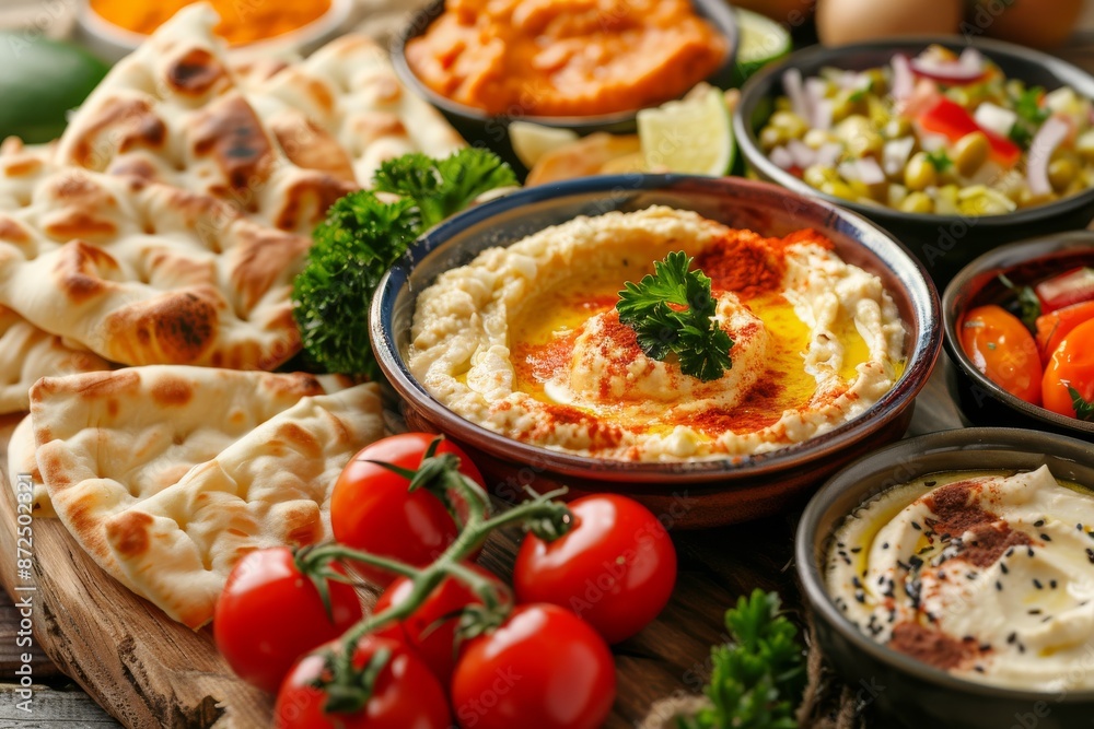 Mediterranean Appetizer Platter with Hummus, Pita Bread and Fresh Tomatoes Mediterranean Appetizer Platter with Hummus, Pita Bread and Fresh Tomatoes