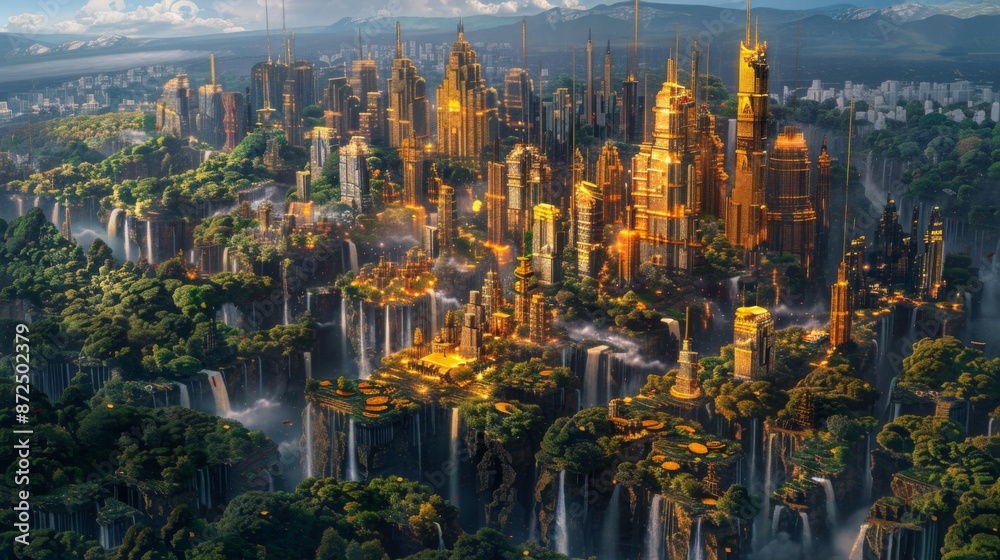 Fototapeta premium Aerial view of a fantasy cityscape with golden skyscrapers made of coins