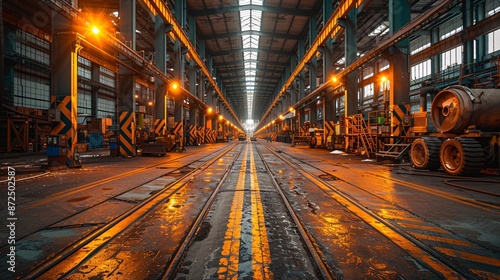 Industrial factory interior with yellow support beams and machinery.