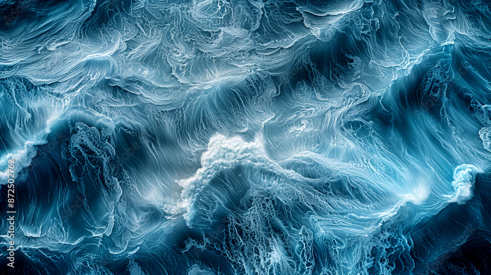 Obraz premium The image is of a large body of water with waves crashing against the shore