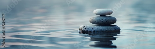 Stacked Stones Floating on Calm Water With Morning Mist