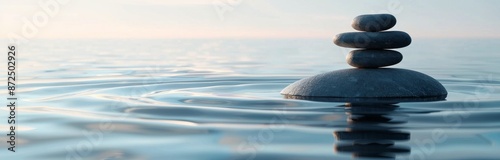Stacked Stones Floating on Calm Water With Morning Mist