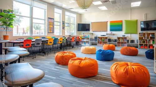 A classroom with orange and blue bean bags and a colorful bulletin board. The room is bright and inviting, with a focus on comfort and relaxation