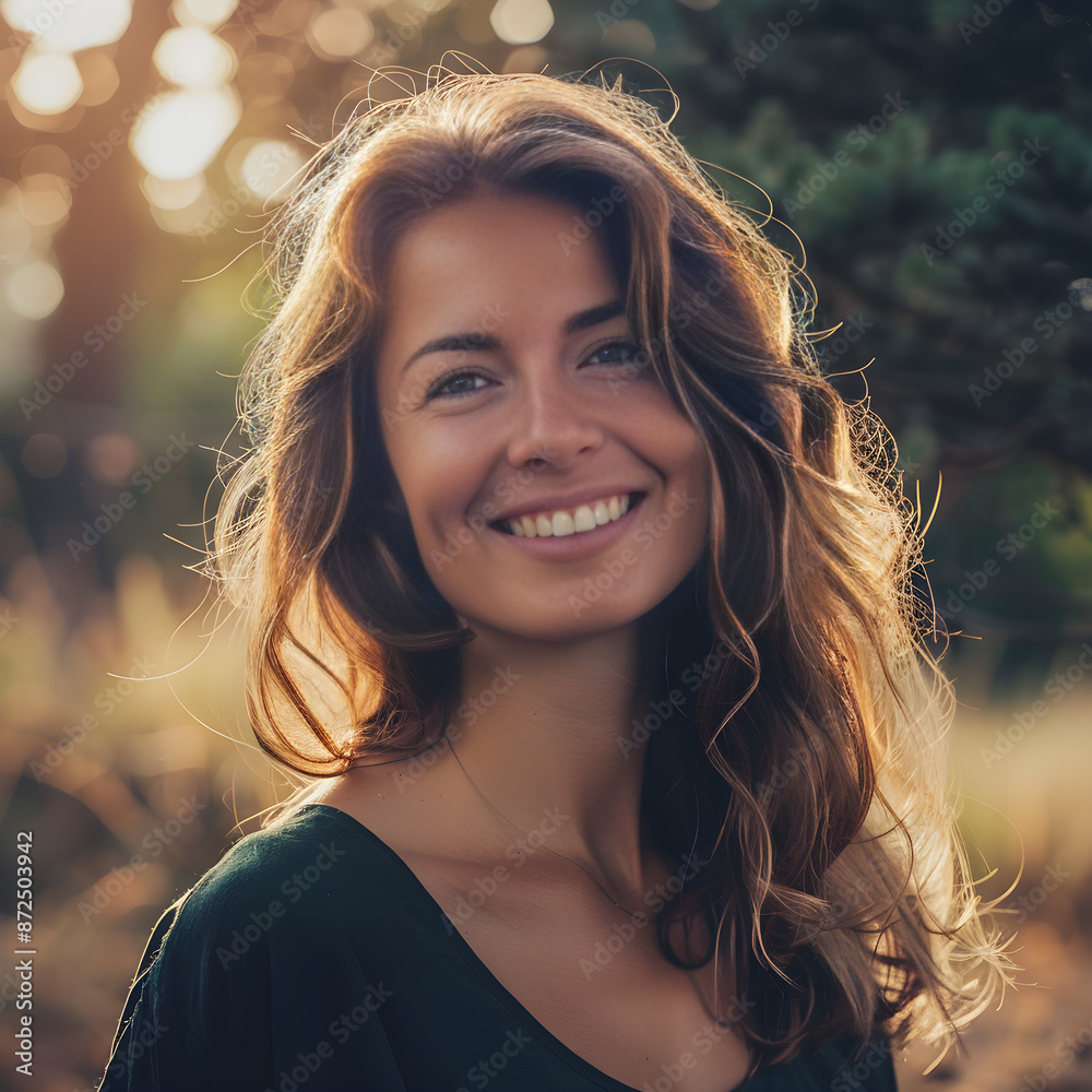 the woman in a natural outdoor setting with soft natural light enhancing her smile the woman in a natural outdoor setting with soft natural light enhancing her smile