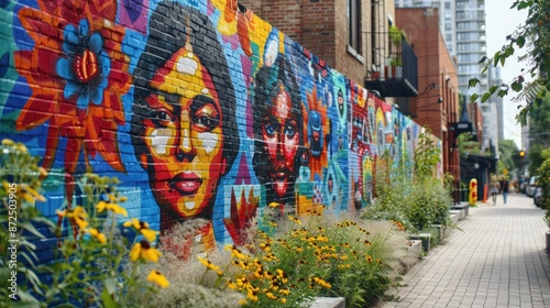A mural of two women painted on a brick wall. The mural is colorful and has a lively, artistic feel to it. The women are depicted with different expressions and poses
