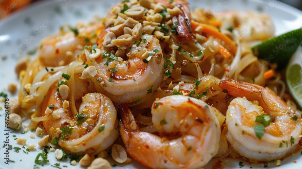 A plate of shrimp and vegetables with peanuts and lime. The dish looks delicious and appetizing A plate of shrimp and vegetables with peanuts and lime. The dish looks delicious and appetizing