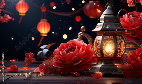chinese lantern with red flowers