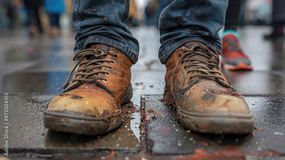 Pair of dirty work boots are on a wet sidewalk. The boots are yellow Pair of dirty work boots are on a wet sidewalk. The boots are yellow