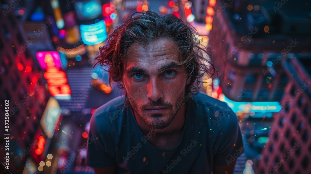 Portrait of a Man in a Vibrant Cityscape - Generative AI Portrait of a Man in a Vibrant Cityscape - Generative AI