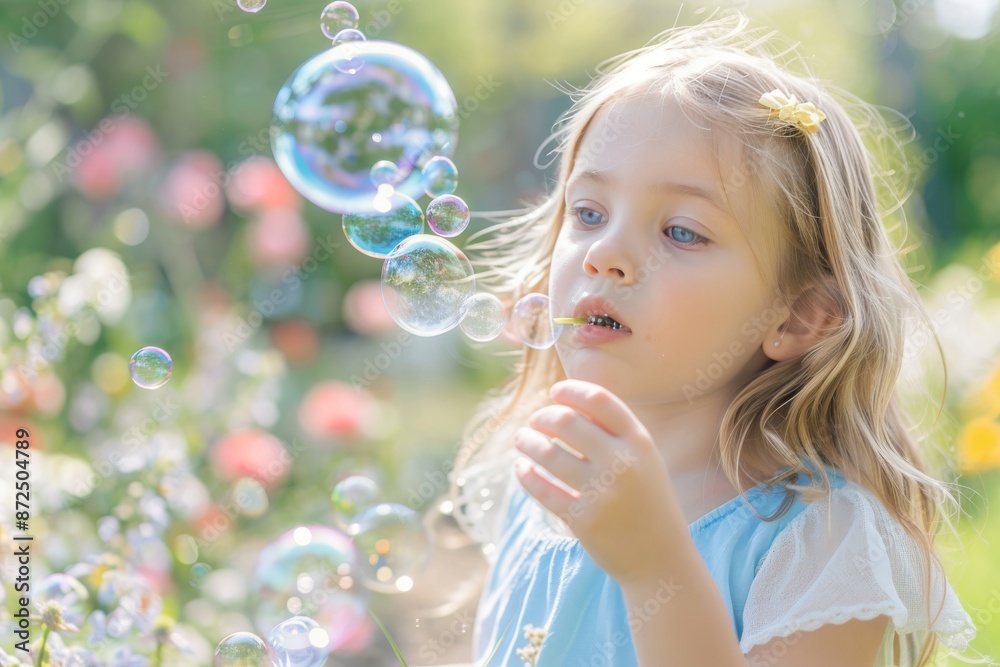 Little Girl Blowing Bubbles in a Flowery Meadow Little Girl Blowing Bubbles in a Flowery Meadow