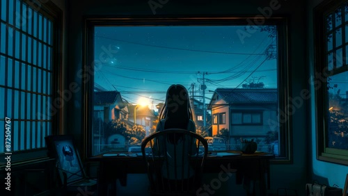 Wallpaper Mural Young woman sitting by the window at night, gazing at a quiet suburban street, creating a peaceful and introspective scene with a chill atmosphere Torontodigital.ca