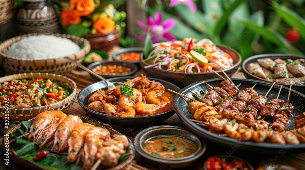 Table full of food with a variety of dishes including shrimp, chicken, and vegetables. The table is set for a large gathering or party Table full of food with a variety of dishes including shrimp, chicken, and vegetables. The table is set for a large gathering or party