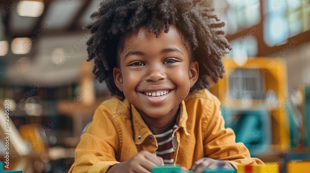 A young girl with curly hair is smiling at the camera. She is in a classroom with other children A young girl with curly hair is smiling at the camera. She is in a classroom with other children