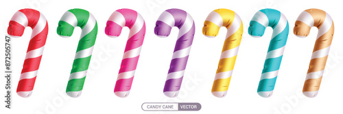 Christmas candy cane balloons vector set design. Candy cane balloon elements in colorful inflatable xmas ornaments for holiday season objects collection. Vector illustration balloon element design.  
