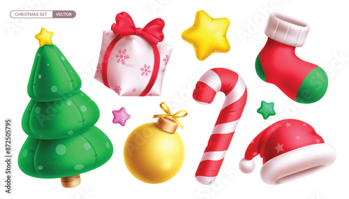 Christmas elements balloons vector set design. Balloons inflatable christmas element like pine tree, gift, star, balls, candy cane, socks and xmas hat collection. Vector illustration colorful ornament