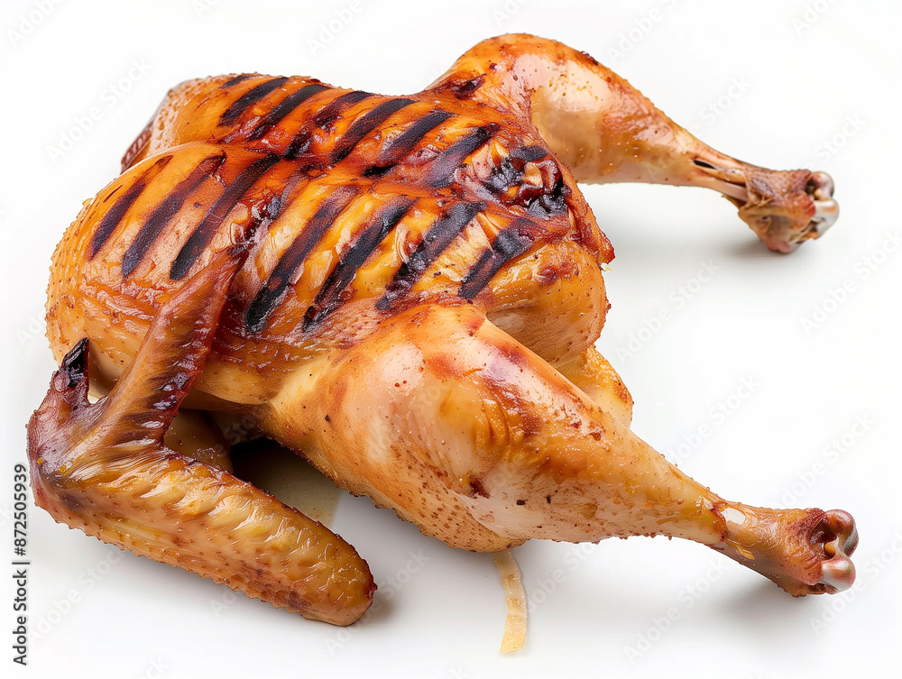 Close up of grilled chickens isolated over white background. Close up of grilled chickens isolated over white background.