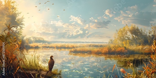 Serene Wetland Landscape with Birds in Autumn Sunset photo