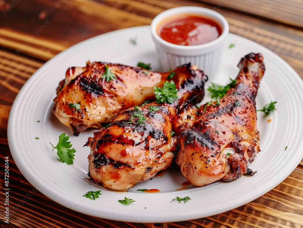 Top view of grilled chickens leg with red sauce in white dish putting on wooden table. Top view of grilled chickens leg with red sauce in white dish putting on wooden table.