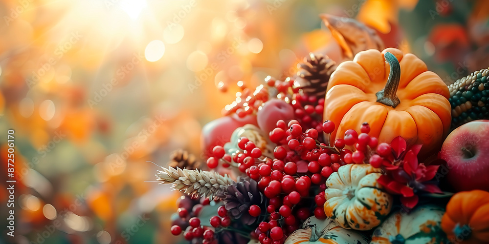A colorful arrangement of fruits and vegetables, including apples, pumpkins, and berries, with a bright orange pumpkin in the center A colorful arrangement of fruits and vegetables, including apples, pumpkins, and berries, with a bright orange pumpkin in the center