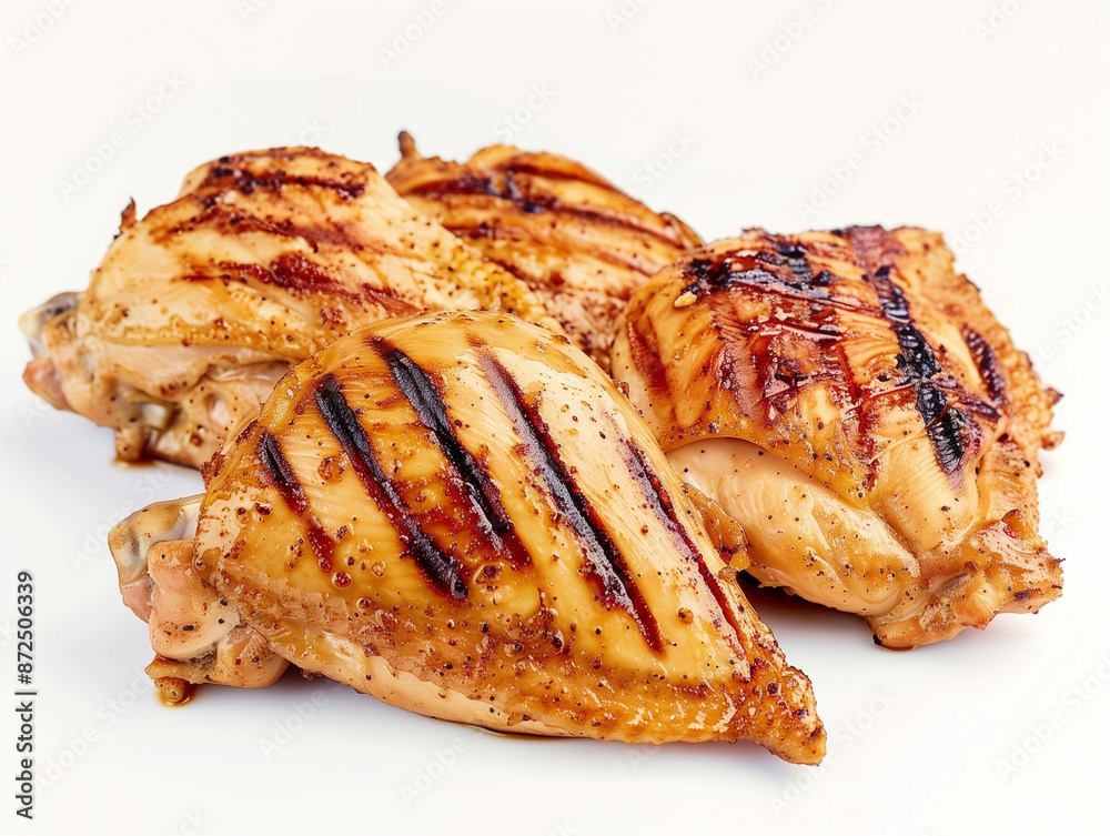 Close up of grilled chickens isolated over white background. Close up of grilled chickens isolated over white background.