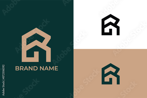 initial letter R home icon construction and modern real estate farm house logo, letter CR RC arrow home icon