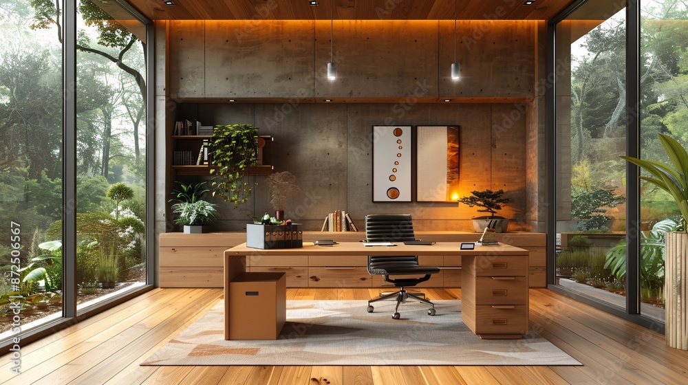 Modern home office with wooden desk, potted plants, and large windows. Modern home office with wooden desk, potted plants, and large windows.