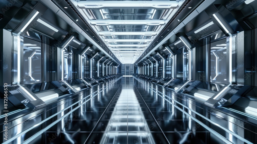 Fototapeta premium Futuristic Metal Corridor with Glowing Lights