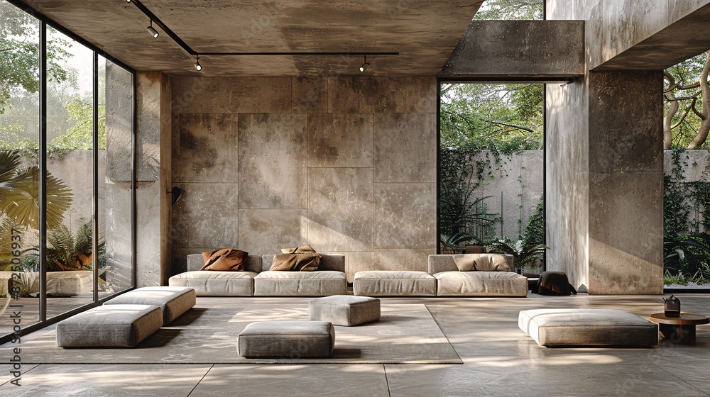 Modern living room with large arched windows, sectional sofa, and indoor plants.